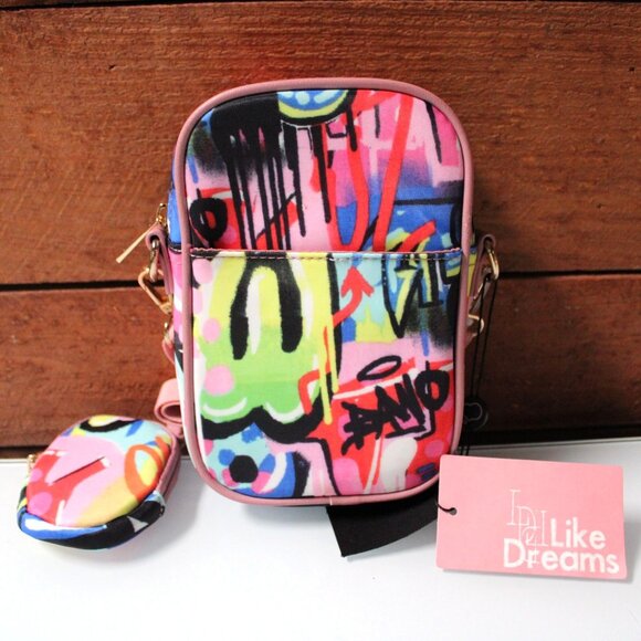 Like Dreams Cell Phone Purse Multicolor Graffiti Small Crossbody Shoulder NWT - Picture 1 of 7